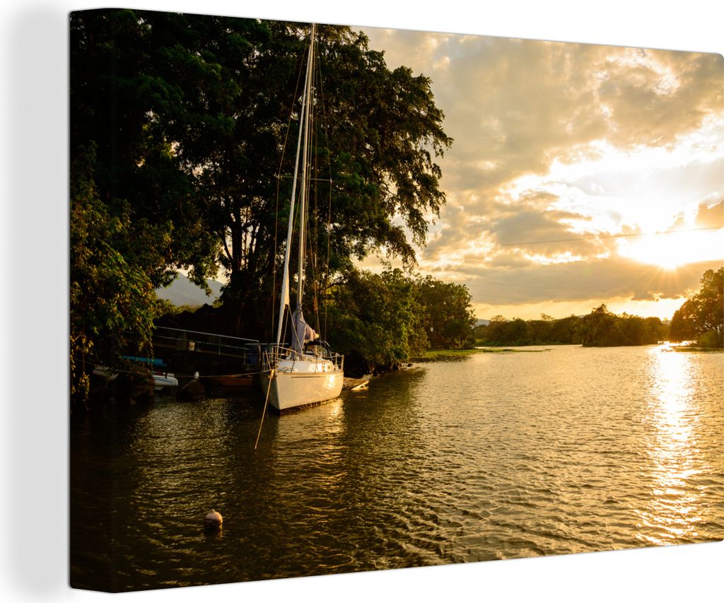 OneMillionCanvasses - Leinwandbilder - 140x90 cm, Sonnenuntergang auf dem See mit einem Boot auf Ometepe, Wandbilder Kunstdruck Wanddekoration - ...