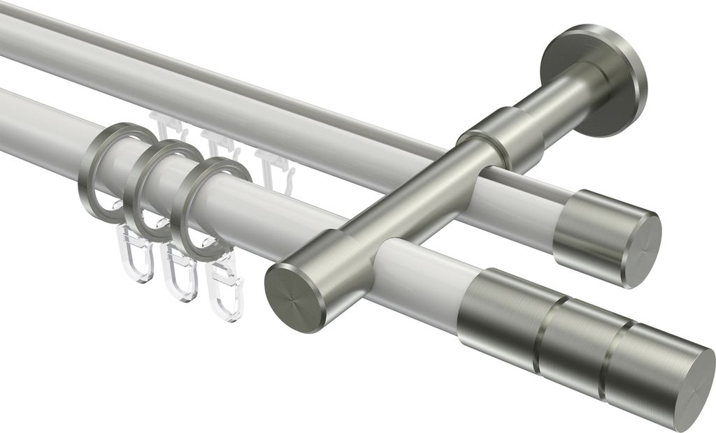 Interdeco Rundrohr-Innenlaufstange / Gardinenstange (Kombination) Weiß / Edelstahl-Optik, Typ Prestige Elanto (Rillenzylinder), 20 mm Ø 2-läufig...