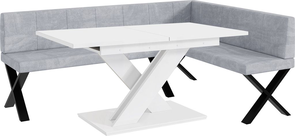 MEBLINI Eckbank für Esszimmer mit ausziehbarem Tisch - Küchenbank - Essecke - Sitzecke Küche - PETER - X-Beine 142x196x87cm Rechts - Hellgrau Sa...