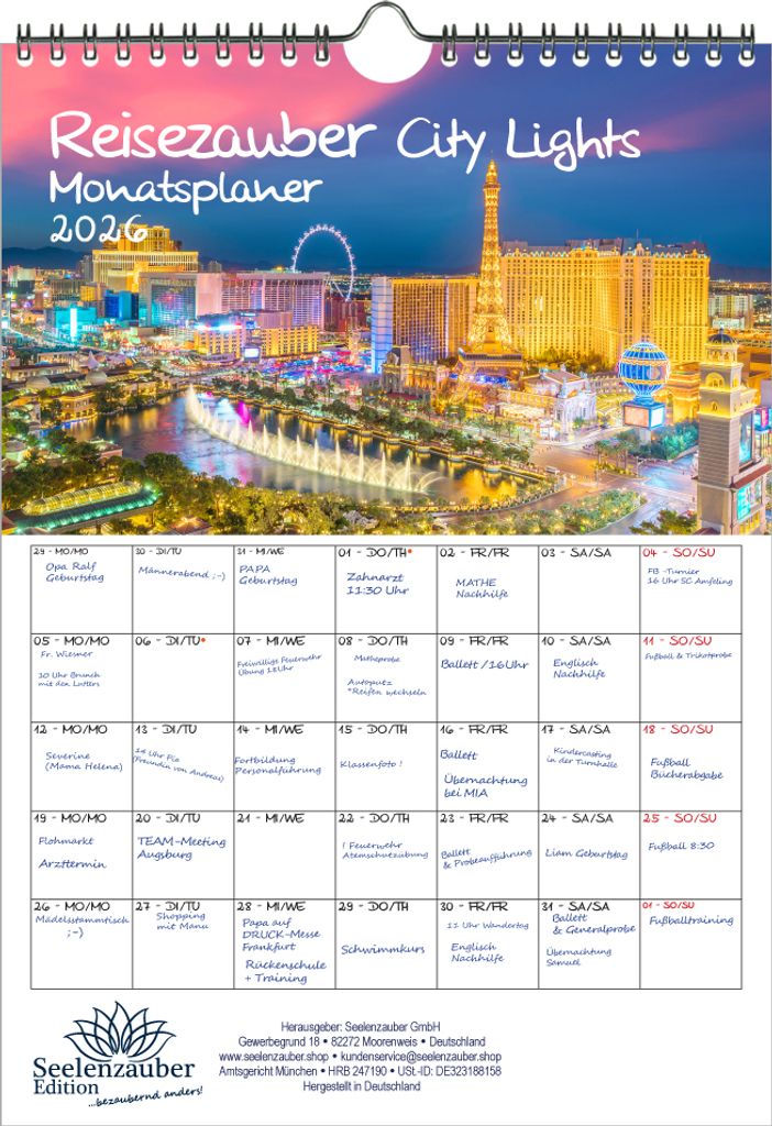 Städtezauber City Lights Planer DIN A4 Kalender für 2026 Nächtliche Städte - Seelenzauber