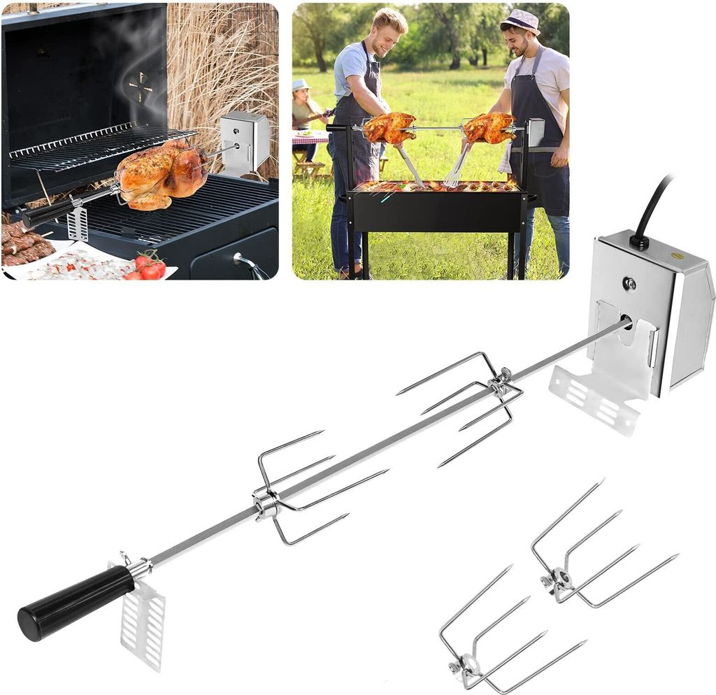 TWOLIIN Grillspieß Set 107cm Edelstahl Drehspieß mit Motor, 220V - 240V, inkl. 4X Fleischnadeln Elektrischer Grillspieß Rotisserie