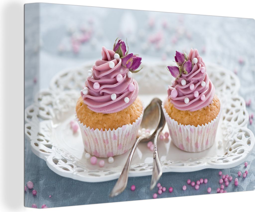 OneMillionCanvasses - Leinwandbilder - 140x90 cm, Zwei Cupcakes mit einem Turm aus Zuckerguss, Wandbilder Kunstdruck Wanddekoration - Foto auf Le...