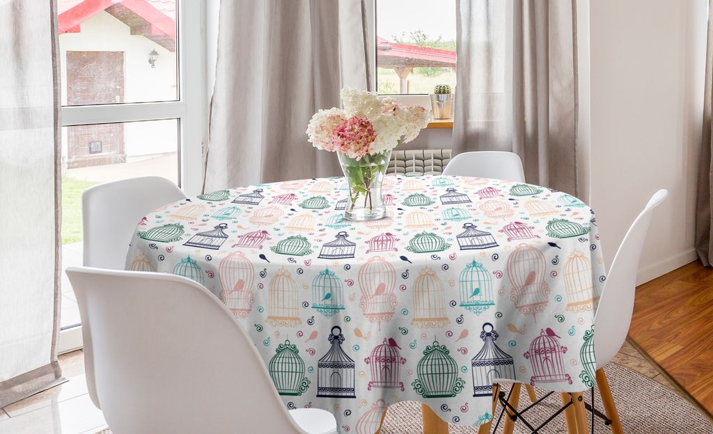 ABAKUHAUS Retro Runde Tischdecke, Jahrgang Vogelkäfige Muster, Kreis Tischdecke Abdeckung für Esszimmer Küche Dekoration, 150 cm, Mehrfarbig