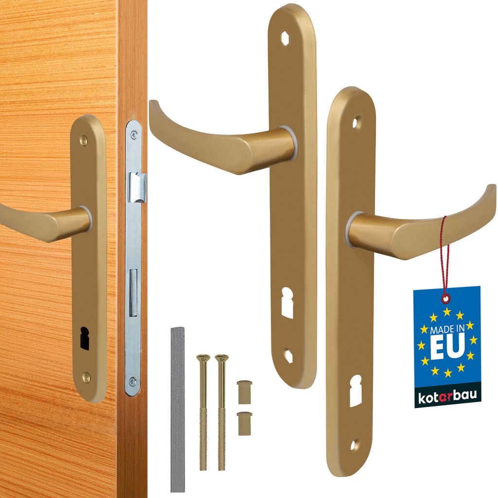 A set of door handles and lock mechanisms displayed against a white background, with one handle attached to a wooden door.
