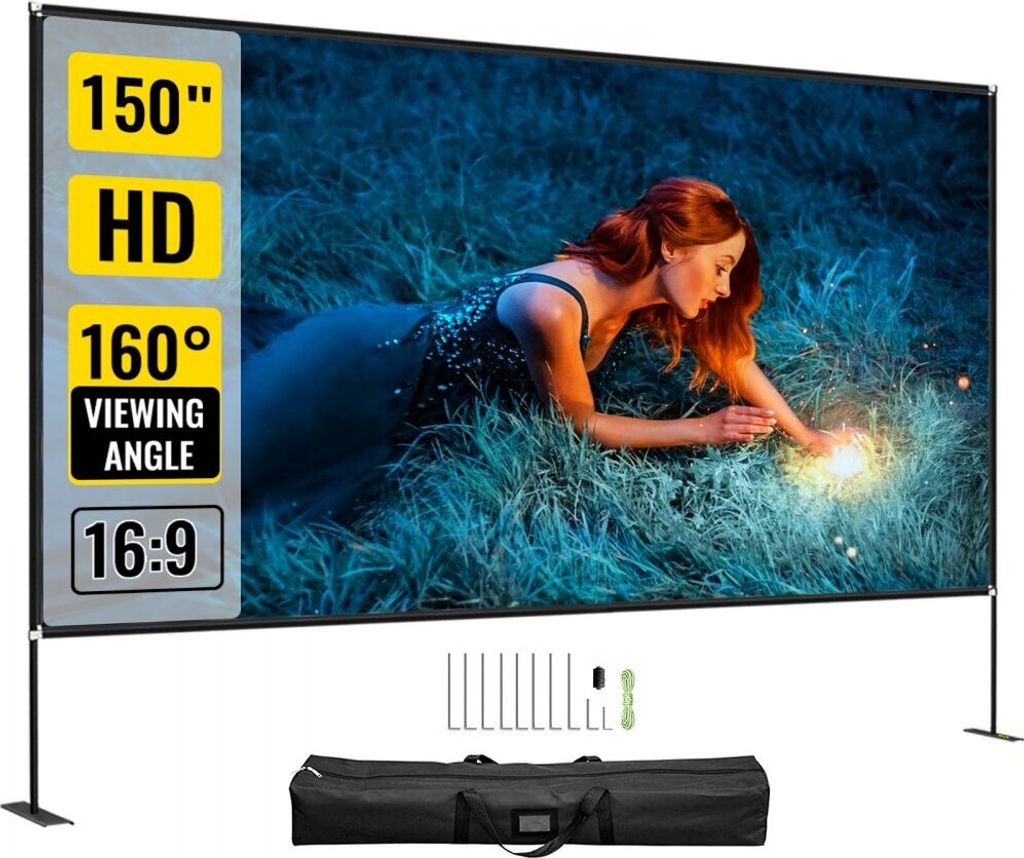 LeinwandMax - Mobile Projektionsleinwand mit Ständer - 381 cm (150") - Tragbare Filmleinwand - 16:9 - Outdoor Indoor Beamer Leinwand - 347 x 201...