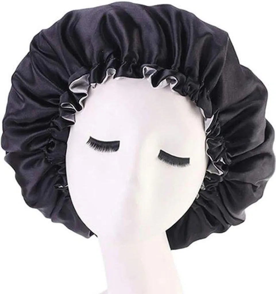 Bonnet de nuit en satin noir et argent réversible double épaisseur XL