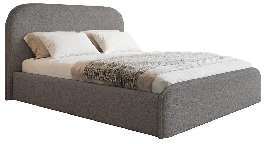 Polsterbett Bouclé 140x200 cm Wendra Slim mit rundem Kopfteil - Bettkasten, Metall-Lattenrost, Bouclé Grau