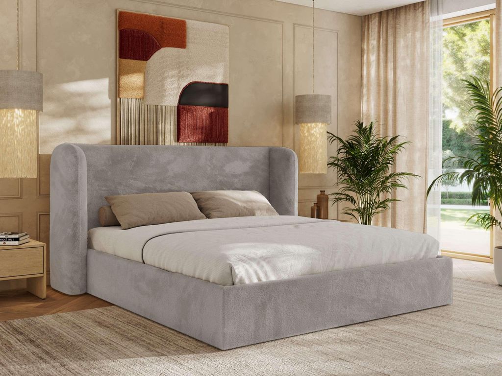 MKS MEBLE Doppelbett Polsterbett EMORA CLASSIC Bett Holzgestell hohes Kopfteil Pocket Matratze VIRE LUX 140x200 Hellgrau Plüsch