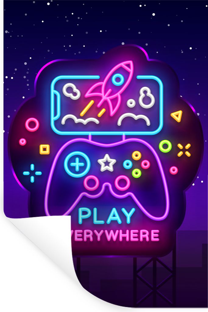 MuchoWow Wandtattoo Wandsticker Wandaufkleber Gaming - Neon - Spielen - Blau - Nacht - Controller 60x90 cm Selbstklebend und Repositionierbar - S...