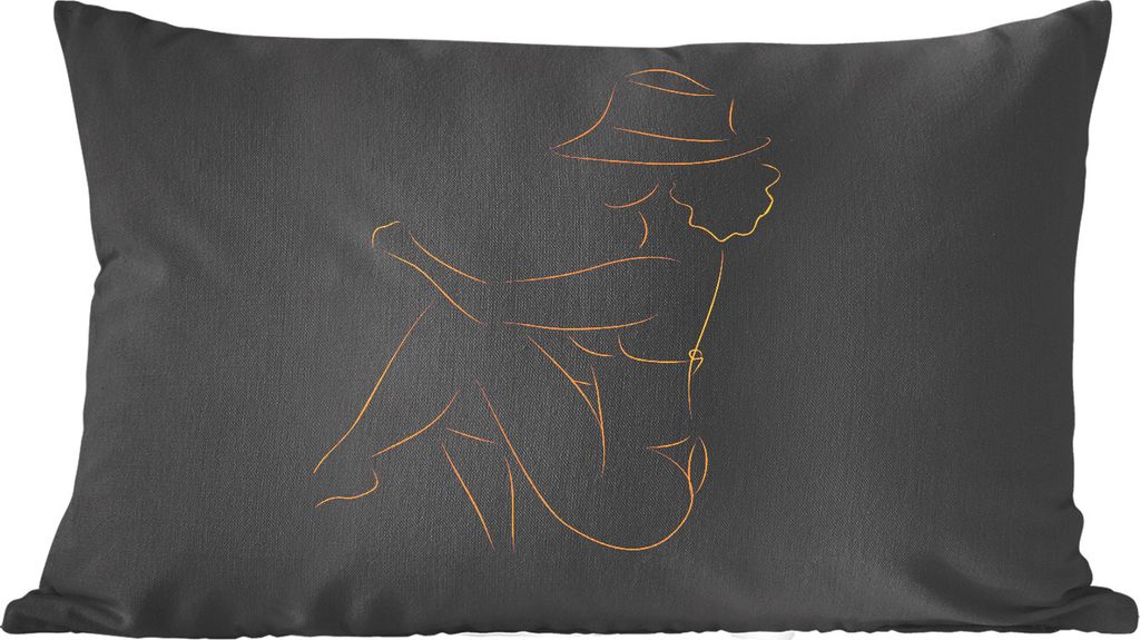 MuchoWow Zierkissen Sofakissen Wohnzimmer Dekokissen 60x40 cm Frau - Hut - Gold - Strichzeichnung - Kopfkissen - Polster mit Foto