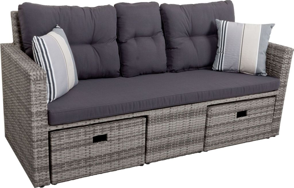 A gray wicker outdoor sofa with dark gray cushions and striped throw pillows.