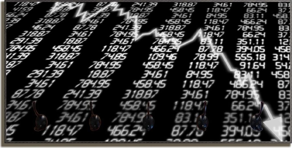 Wallario Flurgarderobe Wandgarderobe aus Holz, mit 5 Haken, Größe 80 x 40 cm, Motiv Fallender Aktienkurs schwarz-weiß