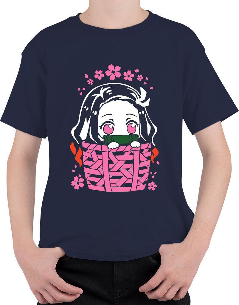 Nezuko Kimetsu No Yaiba Anime Kawaii Bambus Korb Sakura Geschenk Uni Kinder T-Shirt, Navy, 152
