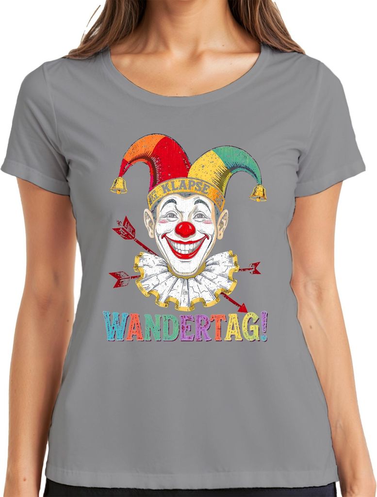 WANDERTAG Clown Narr Halskrause Pfeile Glocken Karneval Jeck Köln Damen T-Shirt, Grau, 3XL