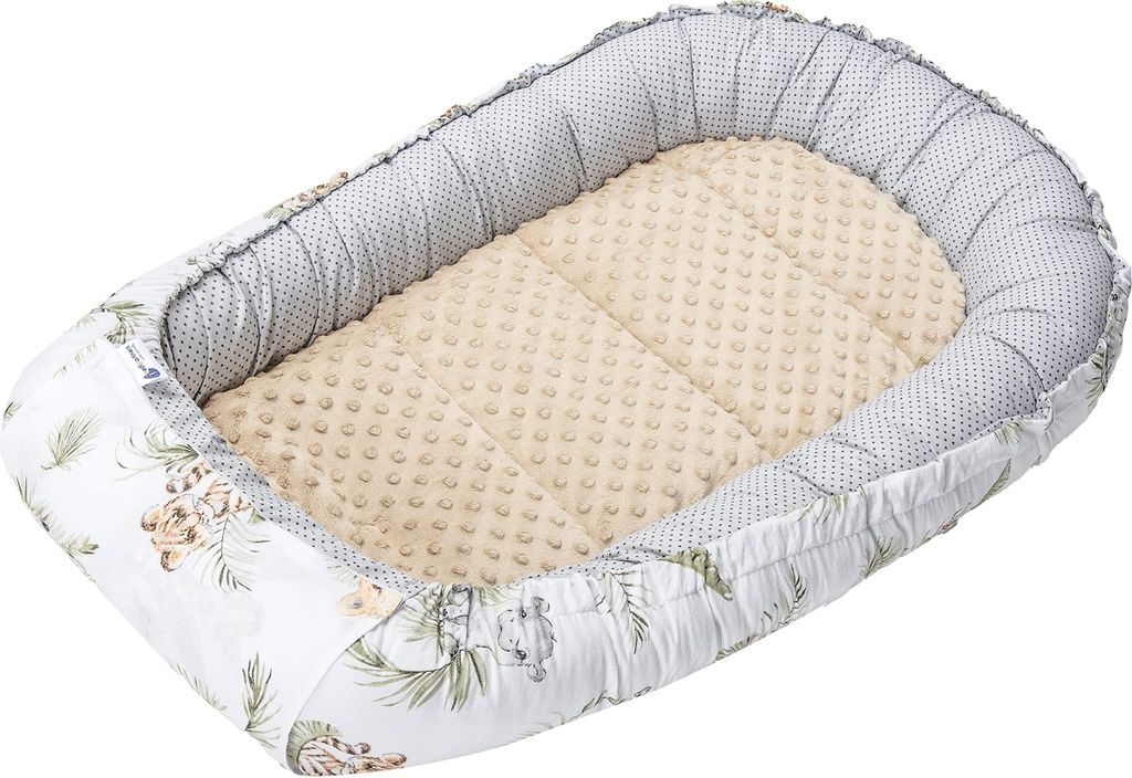 Babynest, Reisebett, Babynestchen, 100x60x15, Baumwolle Safari mit beige Minky