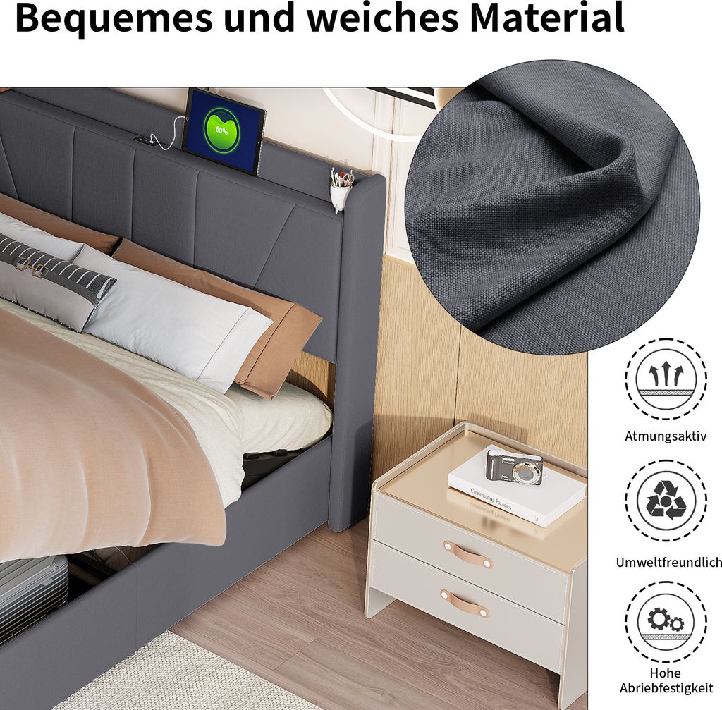 Fortuna Lai Polsterbett 140x200cm mit USB, Jugendbett Produktbild 5