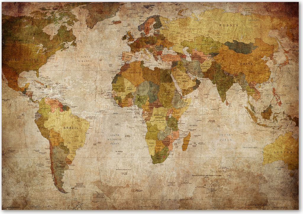 Tulup Leinwandbild - 100x70 cm - Wandkunst - Drucke auf Leinwand - Leinwanddruck - Landkarten & Flaggen - Braun - Politische Karte