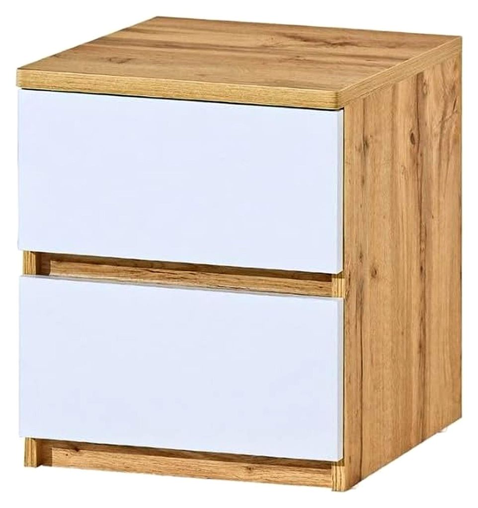 Nachttisch mit 2 Schubladen, 40 cm Breite, Laminierte Platte mit ABS-Kanten, Nachtschrank für Schlafzimmer, ARCCA Serie - Nachttisch Weiß/Wotan E...