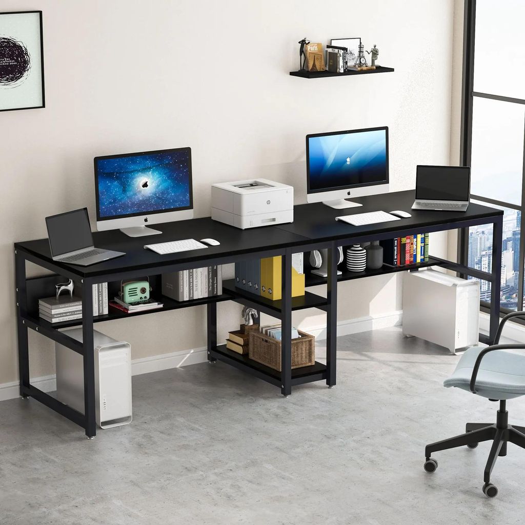 Zwei-Personen-Schreibtisch - Doppel-Computertisch - 200 cm - Mit Bücherregal - Mit Schrank & Stauraum - Rechteckig - Mahagoni-Holz - Schwarz