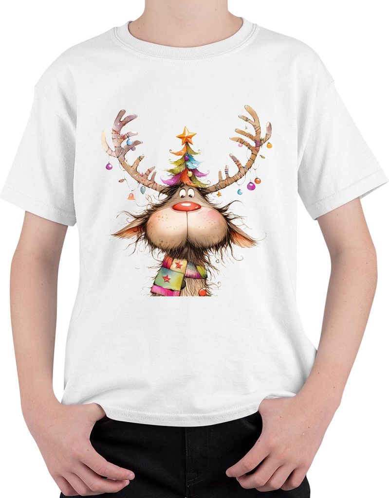 Lustiges Rentier Weihnachtsbaum Geweih bunte Kugeln Schal Uni Kinder T-Shirt, Weiß, 128