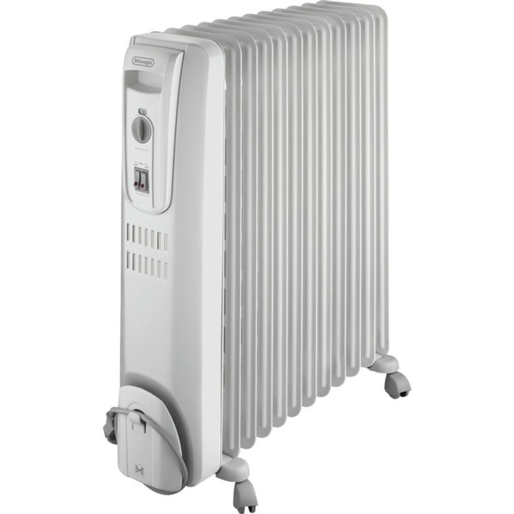 A white oil-filled radiator with wheels.