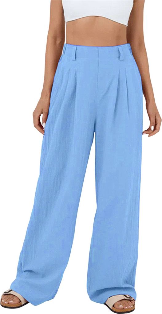 ASKSA Damen Weite Bein Hose Hohe Taille Laessig Sommerhose Einfarbig Freizeithose mit Taschen, Himmelblau, Groesse: S