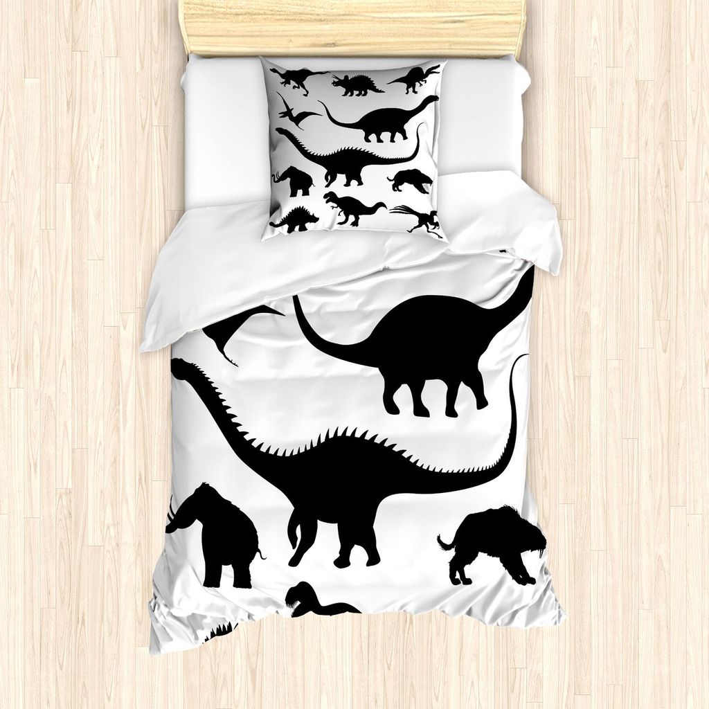 ABAKUHAUS Dinosaurier Bettbezug Set, Verschiedene schwarze Dino-Schattenbilder Jura-Entwicklungs-Löschung-Raubtier-Tiere, 135 x 200 cm + 80 x 80 c...