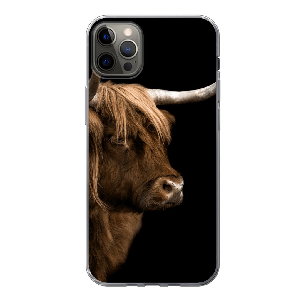 MuchoWow Handyhülle Schutzhülle Hülle für iPhone 12 Pro Max Schottischer Highlander - Kuh - Schwarz Silikon Softcase Handy Hülle - Hartschale