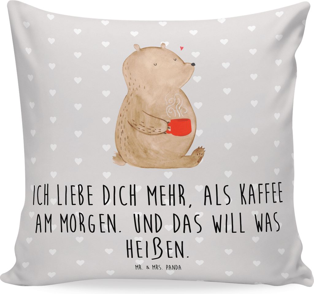 Mr. & Mrs. Panda Kuschel Kissen Bär Morgenkaffee - Grau Pastell - Geschenk, Mitbringsel, Sofa, Freundin, Valentinstag, Dekokissen, Jahrestag, kusc...