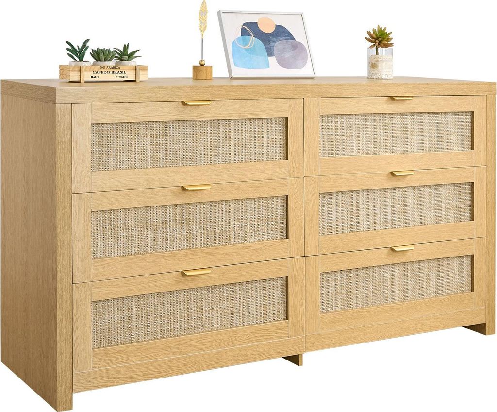 Rattankommode - Schubladenschrank - 6 Schubladen - Metallgriffe - Viel Stauraum - Für Schlafzimmer Wohnzimmer Flur - 144,5 x 45 x 79,5 cm