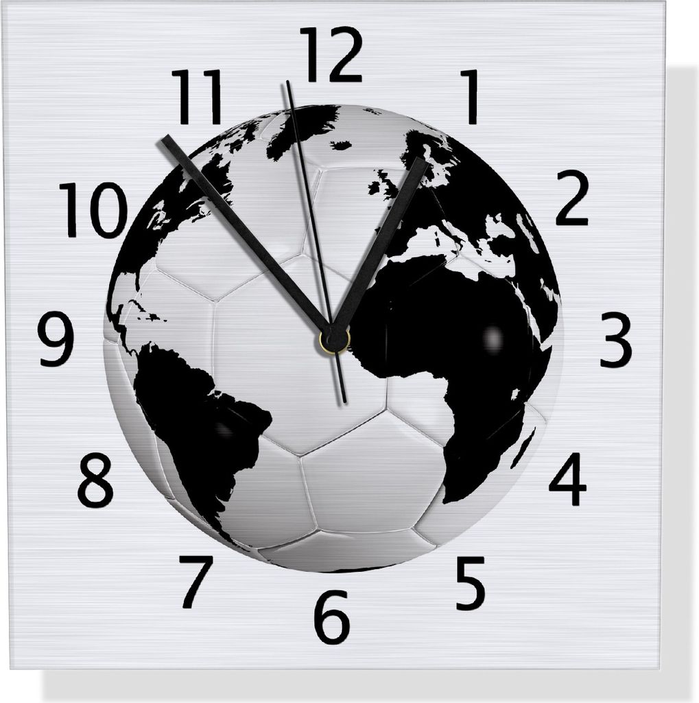 Wallario Design Wanduhr Planet Fußball aus Aluverbund, Größe 30 x 30 cm