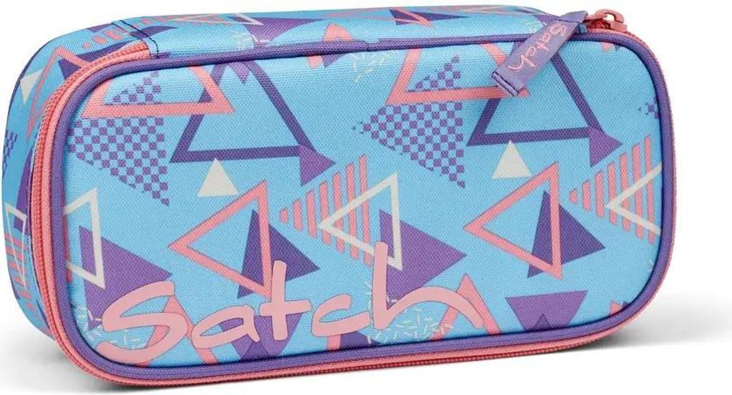A satch pencil case with a geometric pattern.