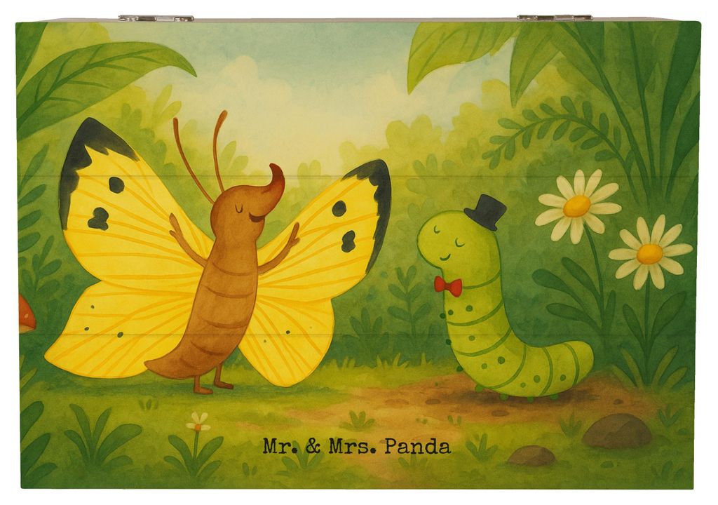 Mr. & Mrs. Panda Geschenkbox Raupe Schmetterling Design 22 x 15 cm - Weiß - Geschenk, Erwachsen Werden, Kiste, mit Deckel, Zitronenfalter, Hütche...
