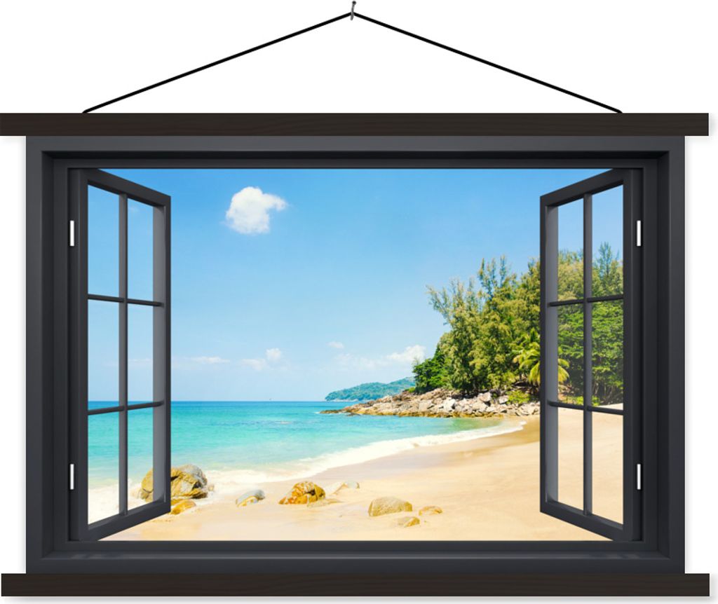 MuchoWow Textilposter Durchsichtig - Strand - Schwarz 60x40 cm mit schwarzem Rahmen - Hölzernes