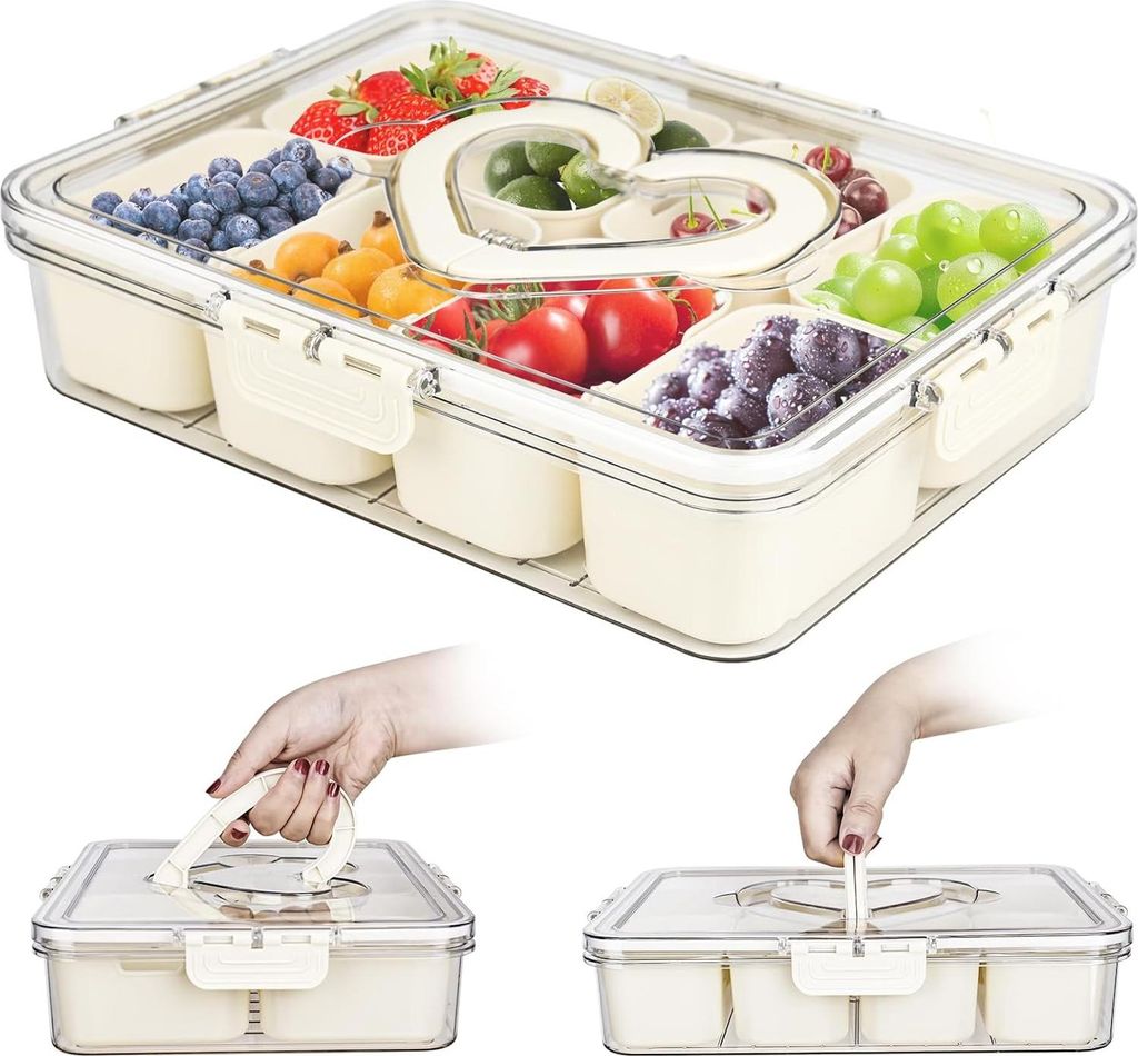 Snackbox mit F?chern, Snackteller aus PP, Snackschale mit Deckel und Herzf?rmiger Griff, Picknick Box fš¹r Sš¹?igkeiten Obst Keksen Dessert Nš...