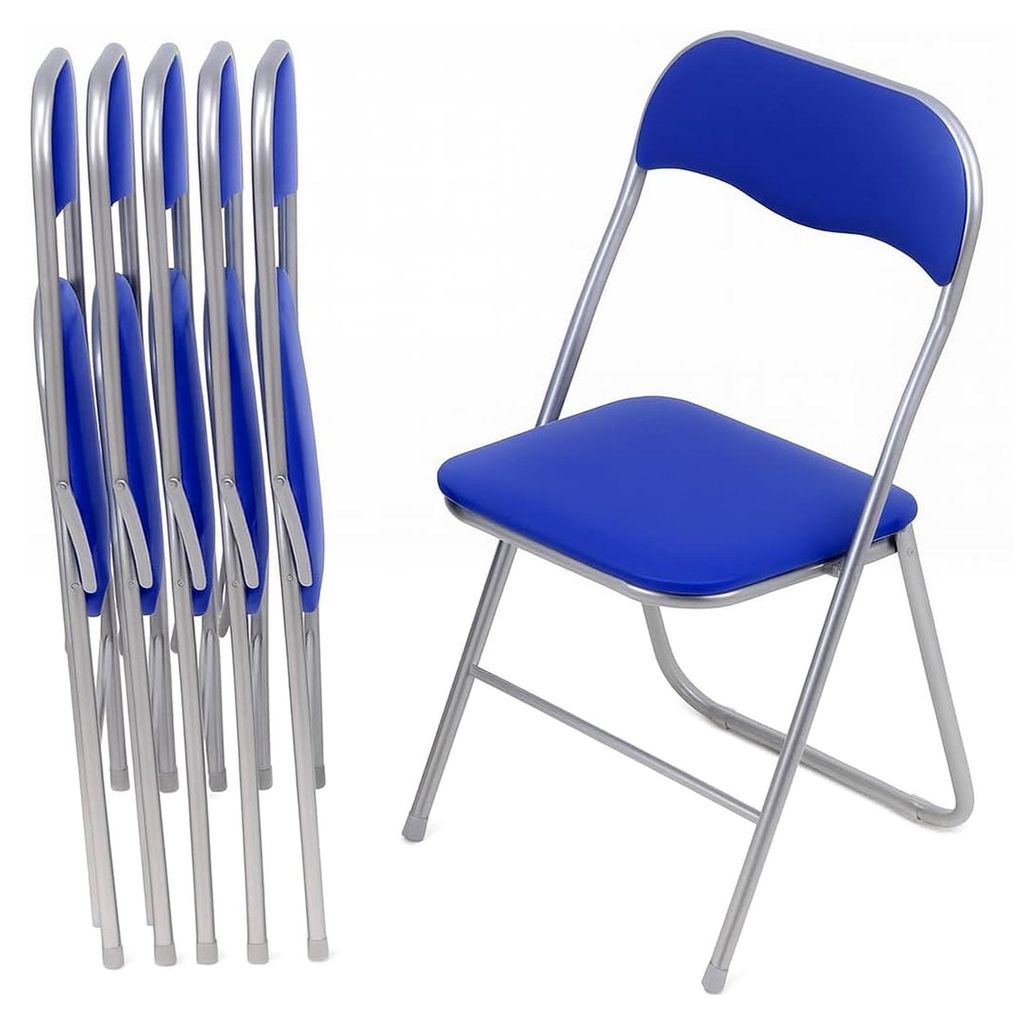 Klappstühle 6er Set, gepolstert mit Metallrahmen und Kunstleder, platzsparend, bis 100 kg belastbar, geeignet für Küche und Garten, Silber-Blau