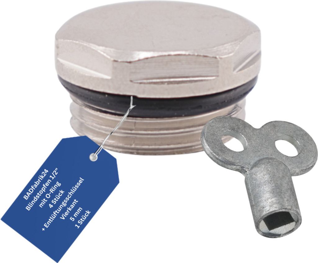 BADfabrik24 Blindstopfen 1/2" mit O-Ring 4 Stück + Entlüftungsschlüssel aus Metall, Vierkant 5mm 1 Stück