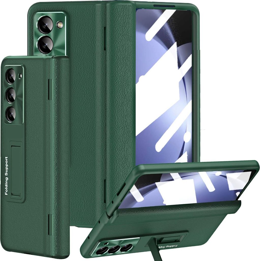 Handyhülle für Samsung Galaxy Z Fold 6 Leder Hülle mit Scharnierschutz, integriertem Glas Displayschutz und Ständer Grün
