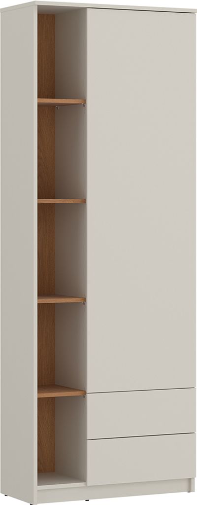 A tall, narrow wardrobe with open shelves on the left and drawers on the right, shown against a white background.