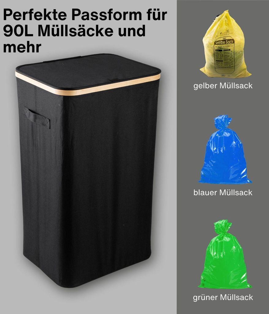 Schwarzer Stoff-Wäschekorb mit hellem Holzrand und Deckel, gezeigt neben gelben, blauen und grünen Müllbeuteln