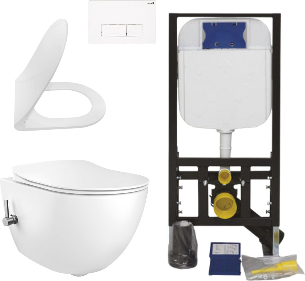 Creavit Hänge WC Set Weiß spülrandlos mit Bidet Softclose WC Sitz und 3/6 L Vorwandelement Unterputz Spülkasten Keramik