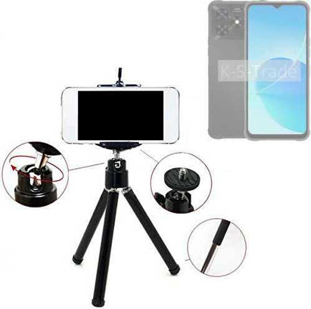 K-S-Trade Smartphone Stativ Dreibein kompatibel mit UMIDIGI G5 Mecha Tripod aus Aluminium Klemmstativ Stativ Adapter für Mobiltelefone schwarz 1x
