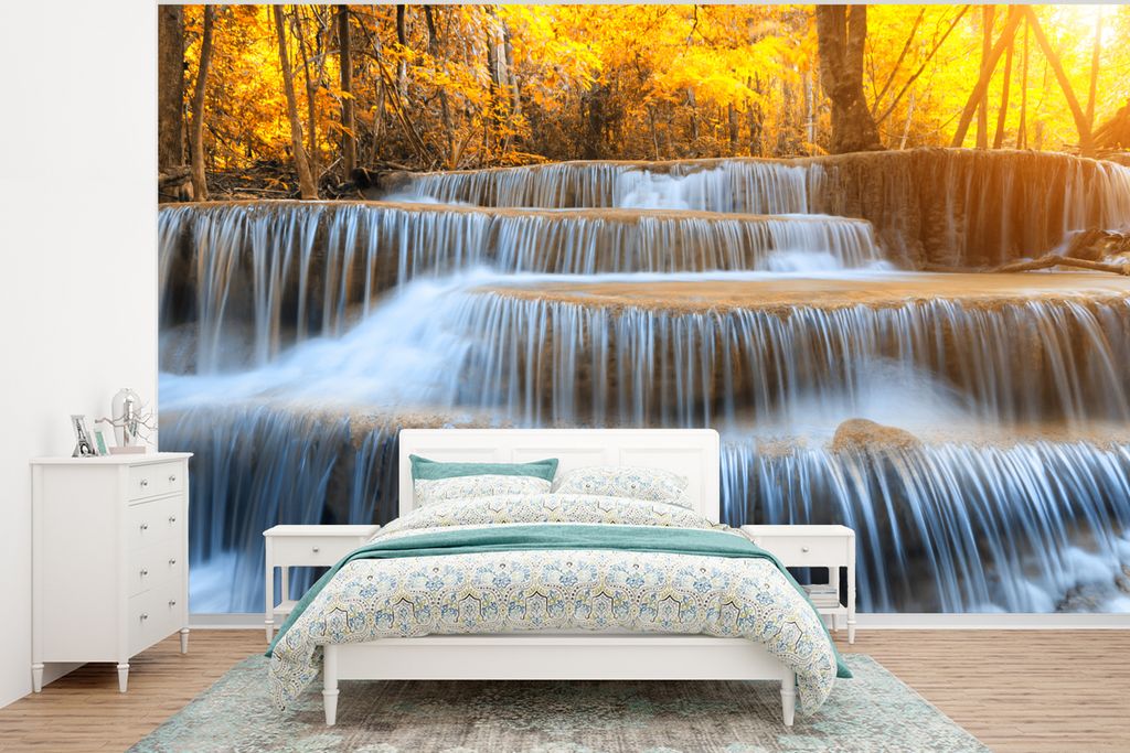 MuchoWow Fototapete für Wohnzimmer oder Schlafzimmer Wandtapete Vinyl Motivtapete Wasserfall - Natur - Bäume - Herbst - Landschaft - 320x240 cm...