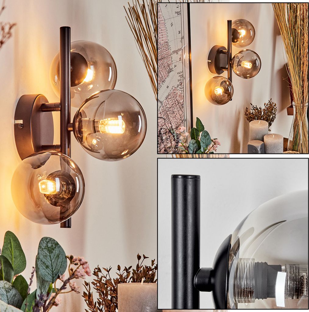 Isorella Wandlampe aus Metall/Riffelglas in Schwarz/Rauchfarben
