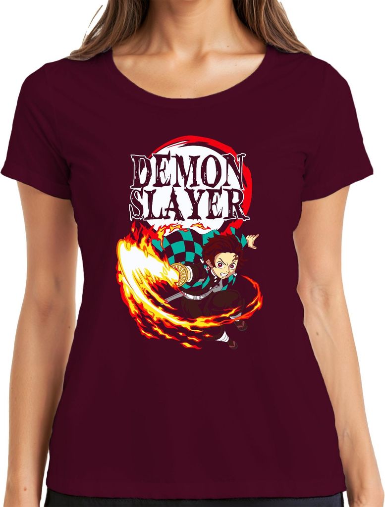 Demon Slayer Tanjiro Kamado Hinokami Kagura Anime Geschenk Damen T-Shirt, Burgundy, L