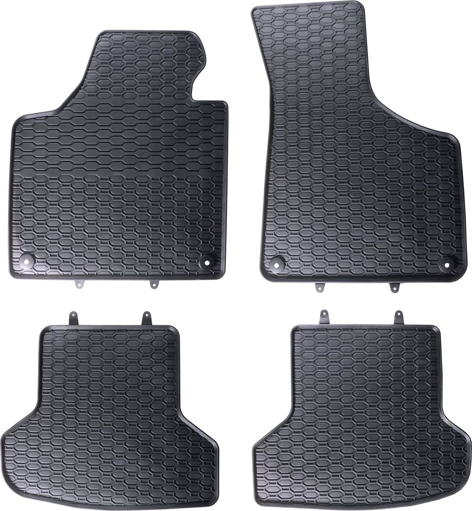 A set of four black rubber car floor mats with a honeycomb pattern, arranged on a white background.
