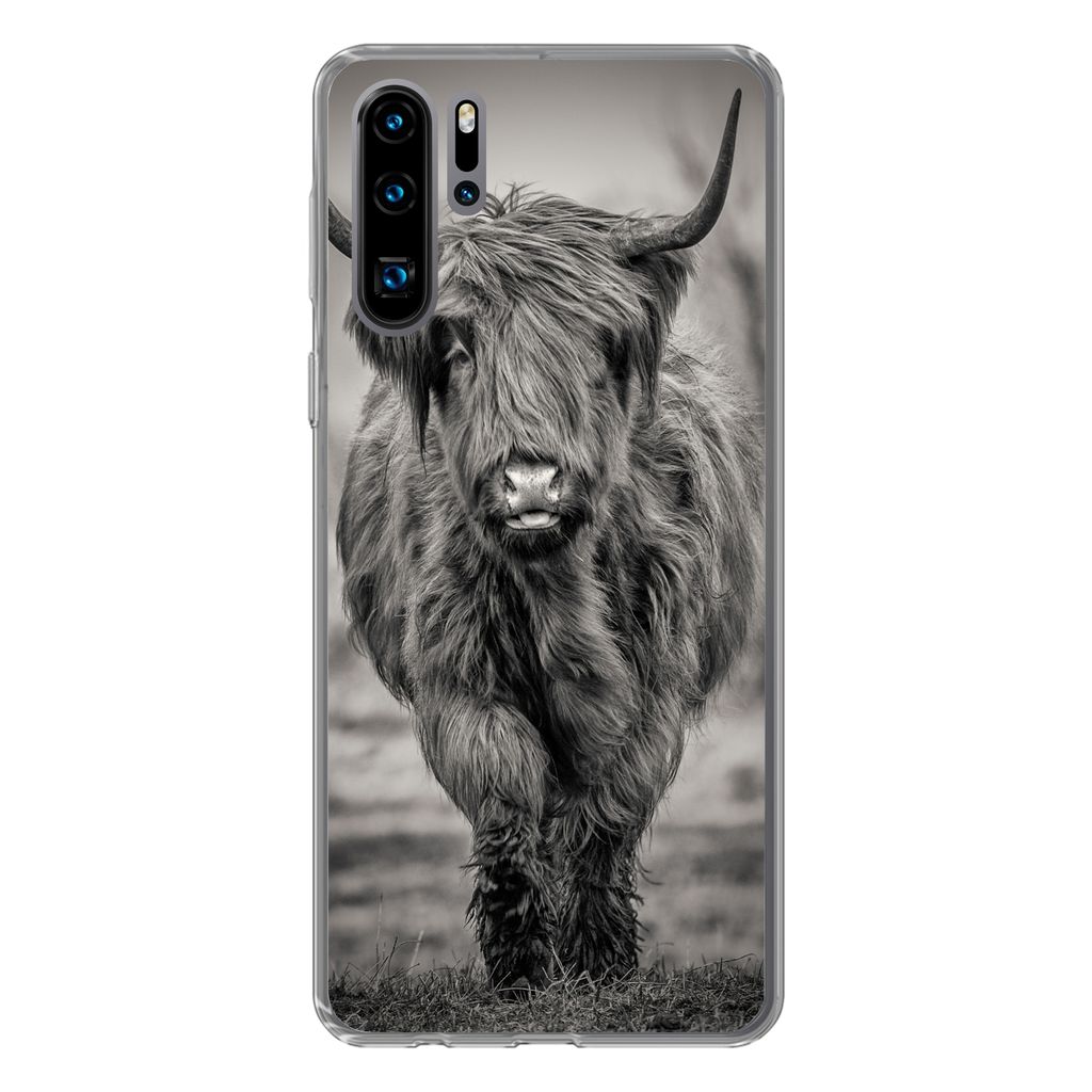 MuchoWow Handyhülle Schutzhülle Hülle für Huawei P30 Pro Schottischer Highlander - Schwarz und Weiß Silikon Softcase Handy Hülle - Schutzde...