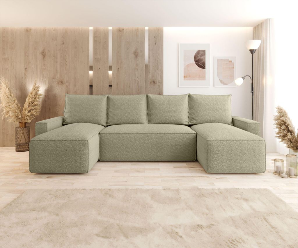 CORNERO Ecksofa mit Schlaffunktion HAVANA in U-Form Sofa mit Schlaffunktion und Bettkasten EckcouchWohnlandschaft in U-Form Hellbraun