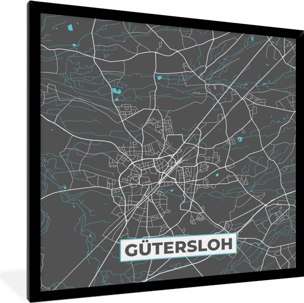 MuchoWow Gerahmtes Poster Stadtplan - Karte - Gütersloh - Blau - Deutschland - Karte 40x40 cm - Poster mit Schwarzem Bilderrahmen Wandposter Rah...