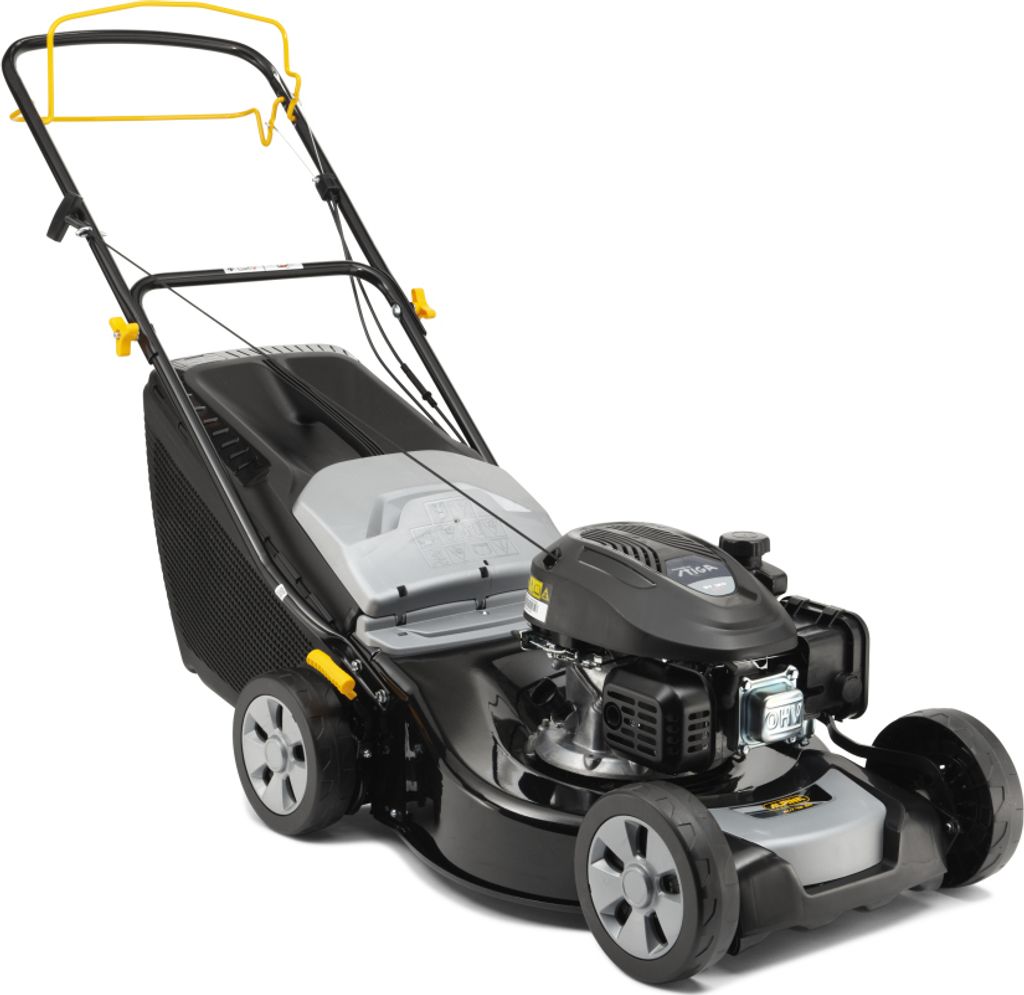 A black and gray gasoline-powered lawnmower with yellow accents is shown against a white background.